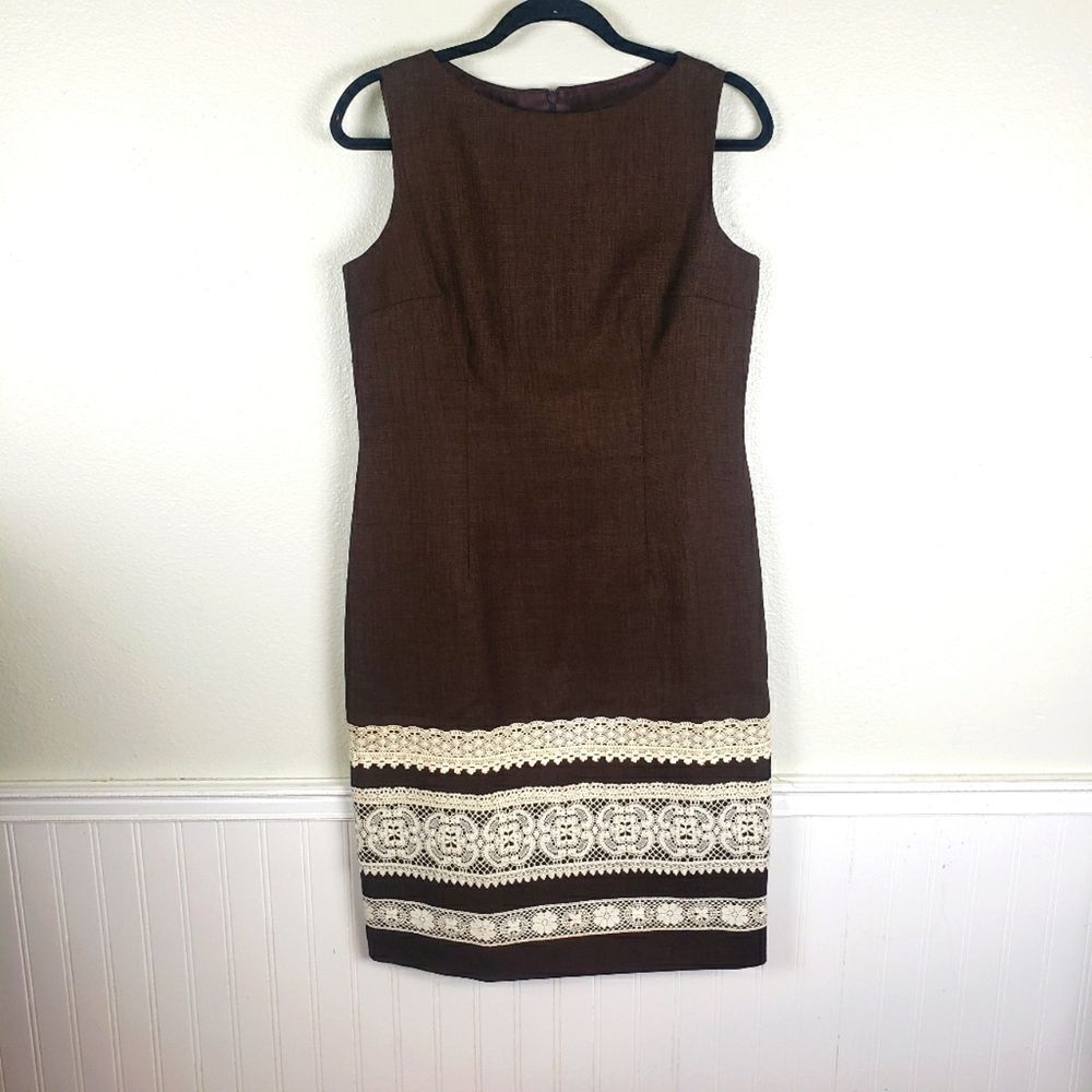 Women's David Meister Brown Tweed White Lace Sleeveless Dress Size 10/Med